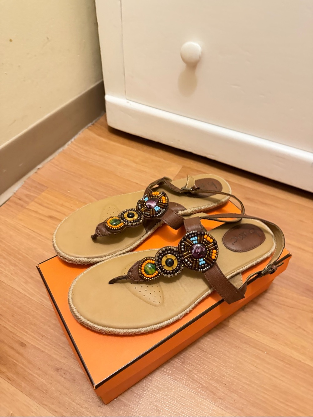 b.o.c. Brown Beaded T-Strap Sandals with Multicolor Gems